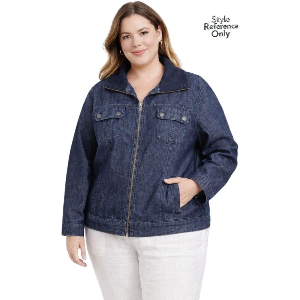 Talbots Plus Size Denim Zip-Front Jacket Ribbed Collar 20W EUC